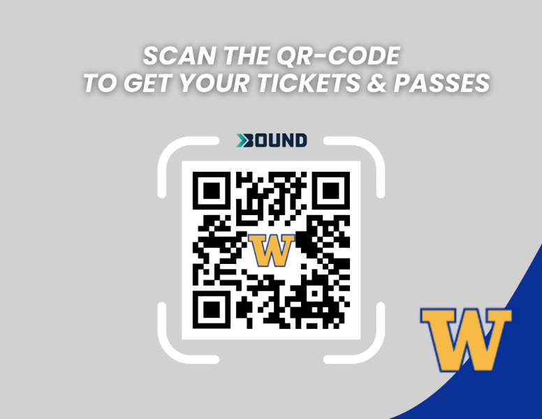 Gray background with a gold "W" logo in the right lower side and a Scannable QR code to purchase Activity Passes in the center.